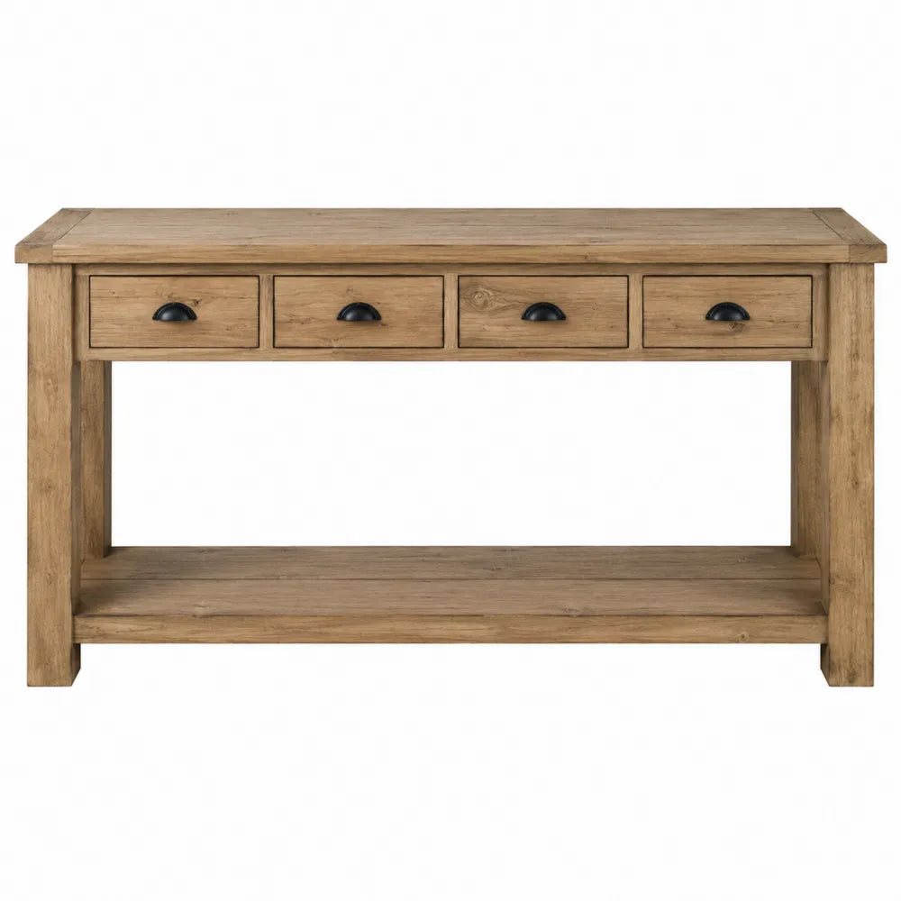 Pine Wood Console Table with 4 Drawers and Shelf