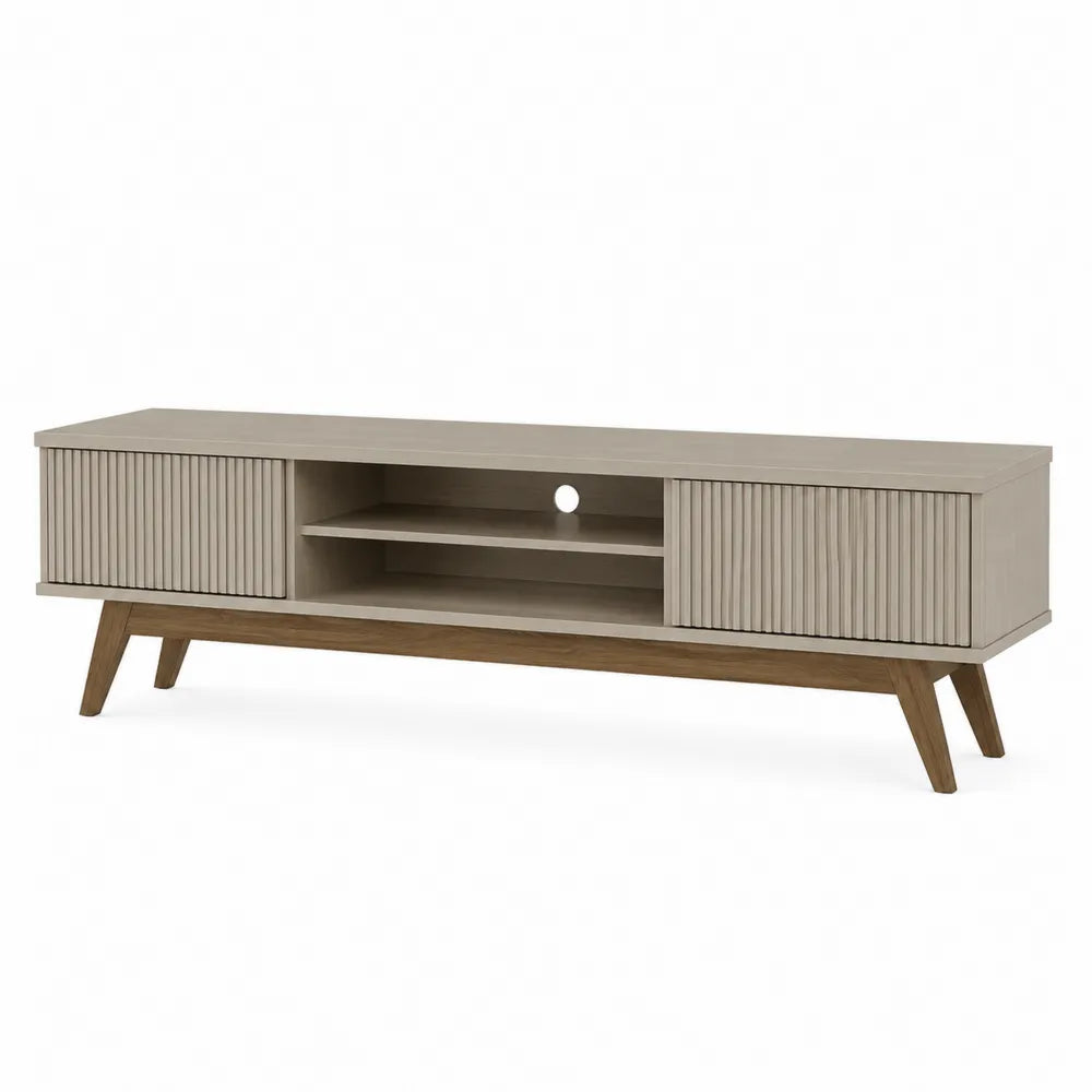Mid-Century Rectangular Wood TV Stand with Sliding Doors Ash Wood Beige