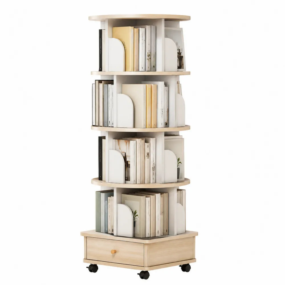 Rotating Multi-Tier Engineered Wood Bookshelf with Drawer and Casters