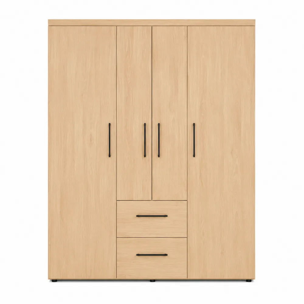 Engineered Wood 4-Door Wardrobe with 2 Drawers, Natural