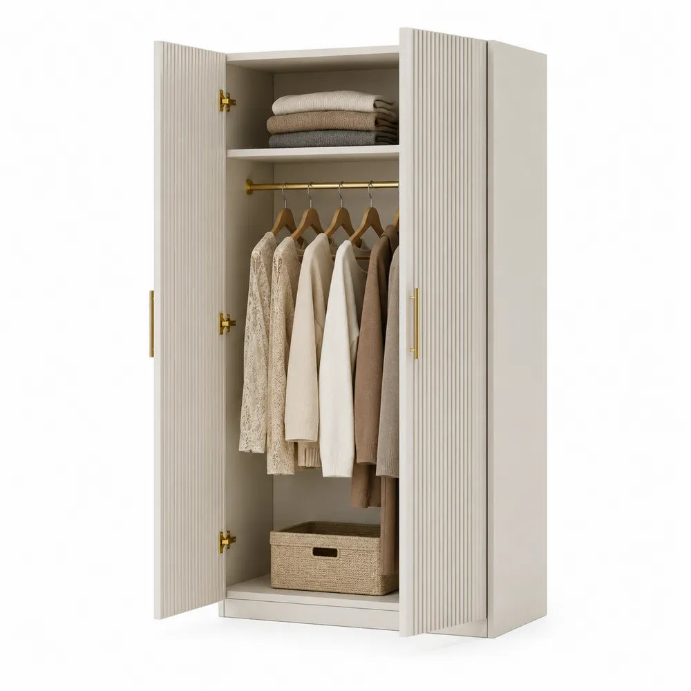 White Wood Wardrobe with Brass Handles