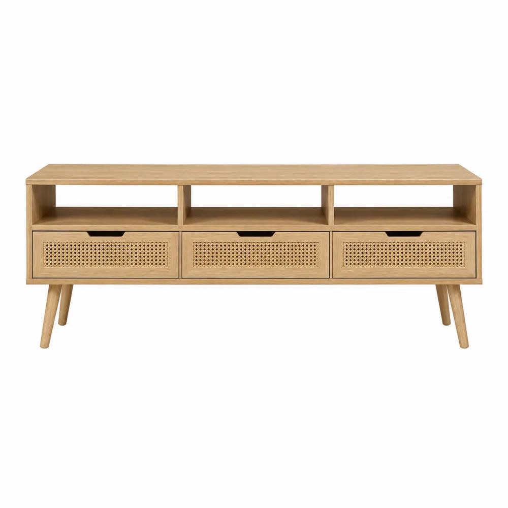 Rectangular Wood Console Table with Rattan Drawers