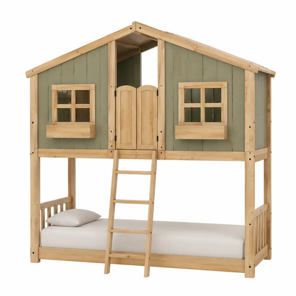 Wooden House Bunk Bed with Ladder Natural/Green 200x100 cm