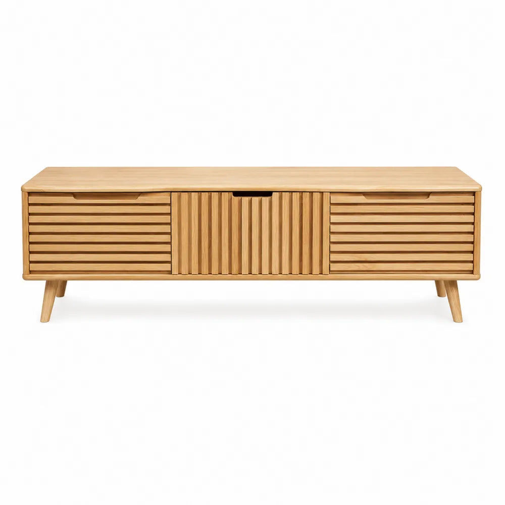 Solid Wood TV Stand with Slatted Doors Natural Finish 160cm