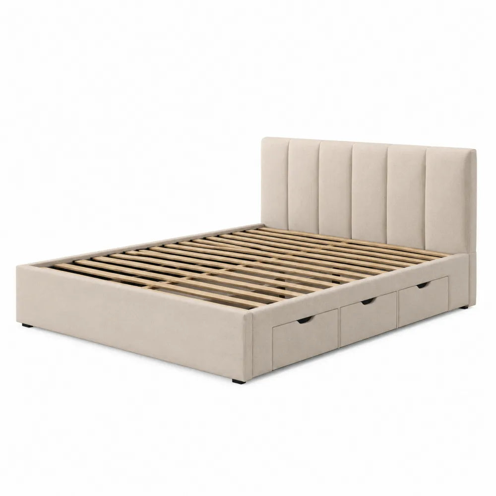 Queen Upholstered Bed with Storage Drawers Beige Fabric