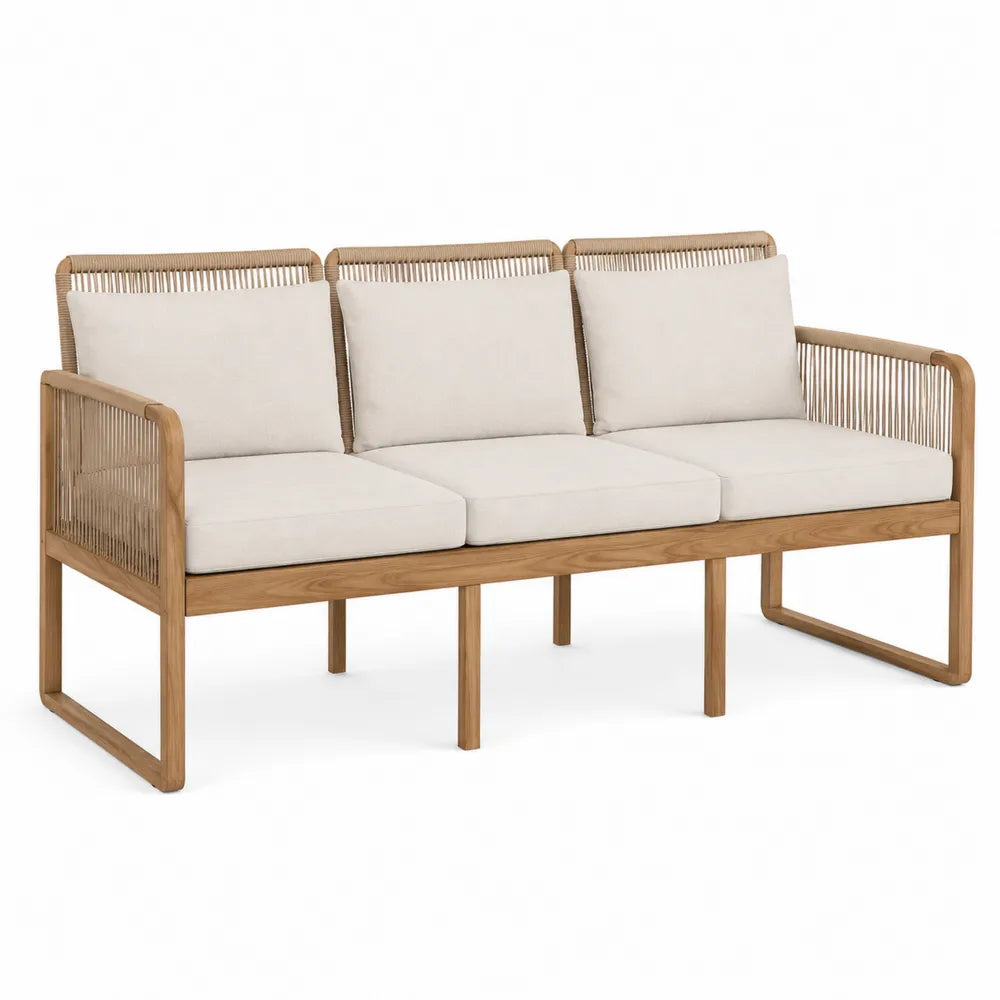 Teak Wood 3-Seater Outdoor Bench with Beige Cushions