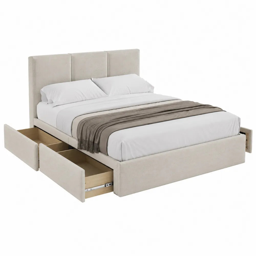 Queen Fabric Bed with Storage Drawers Beige