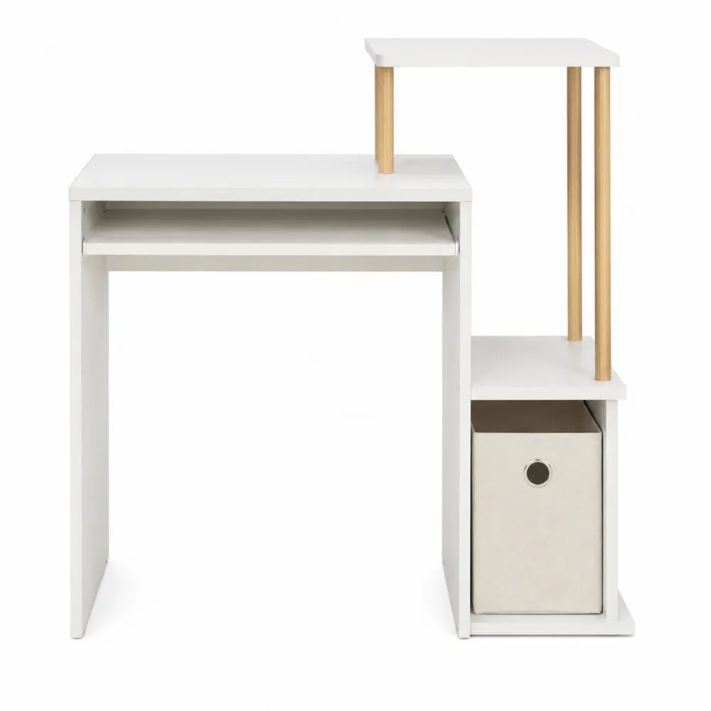Modern White MDF Desk with Pine Wood Legs and Fabric Storage Box