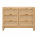 Pine Wood Six-Drawer Dresser with Woven Rattan Panels Beige