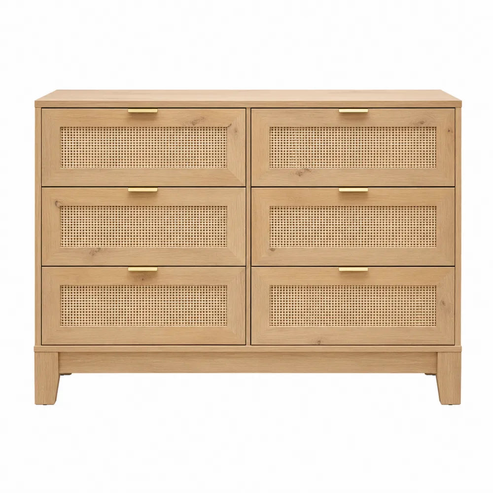 Pine Wood Six-Drawer Dresser with Woven Rattan Panels Beige