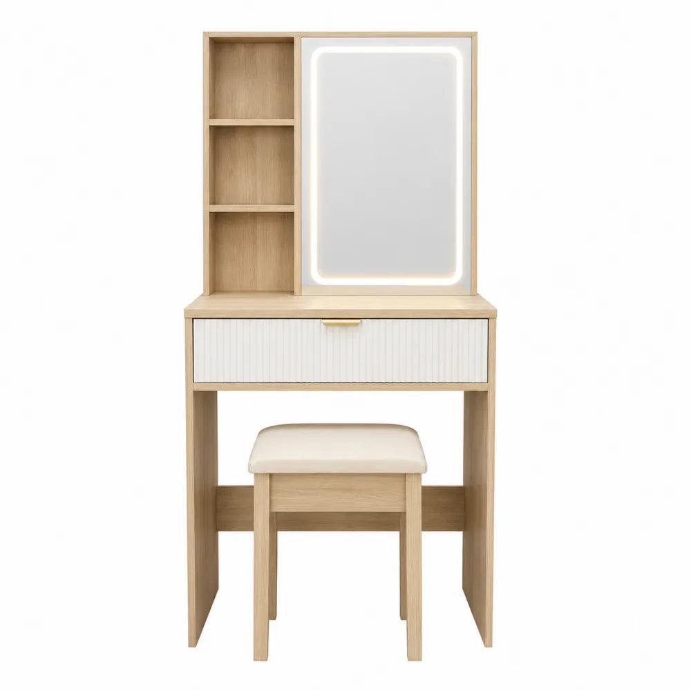Wood Vanity Set with LED Mirror and Stool Light Oak 80cm