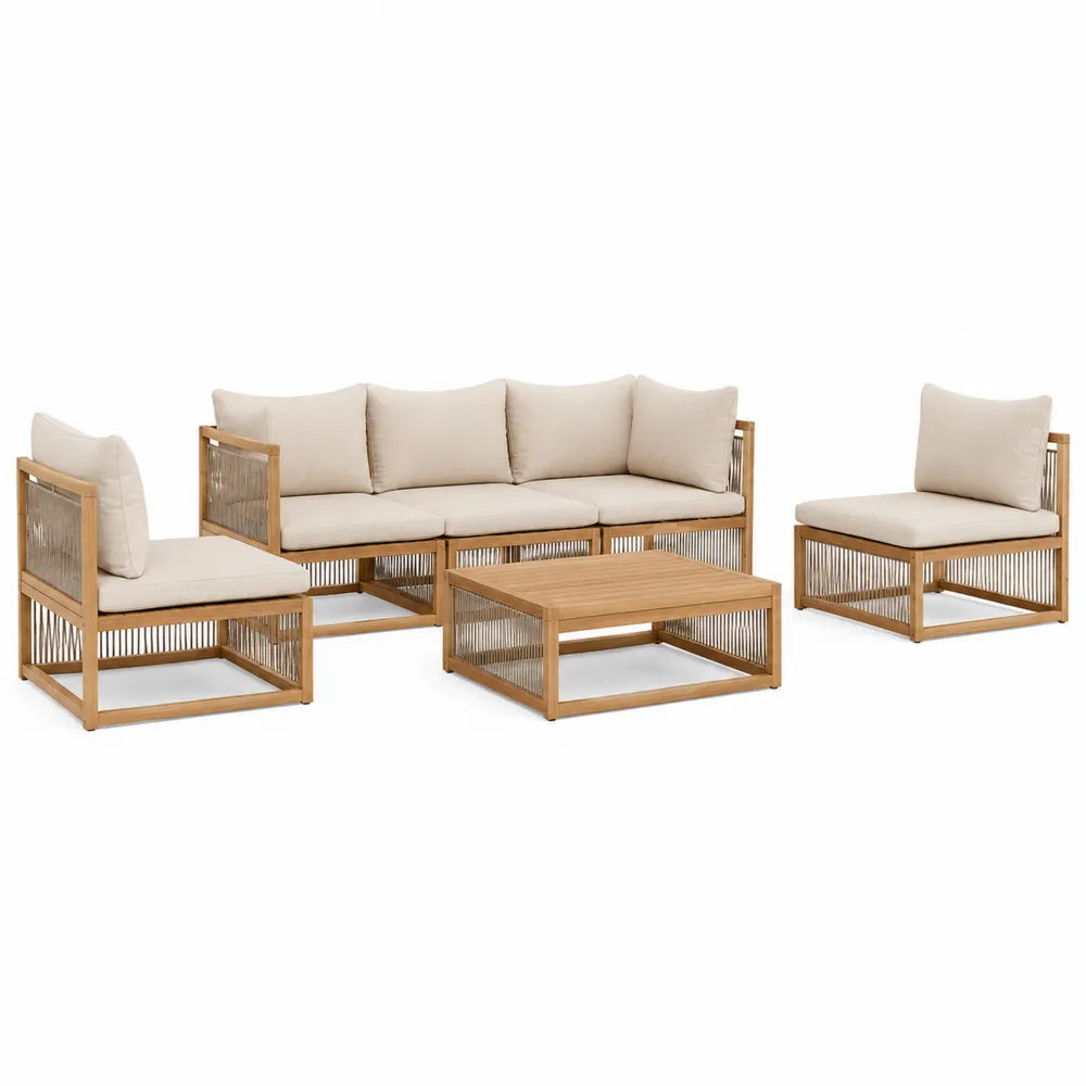 Outdoor Sectional Sofa Set Teak Wood Frame Beige Cushions 4-Piece