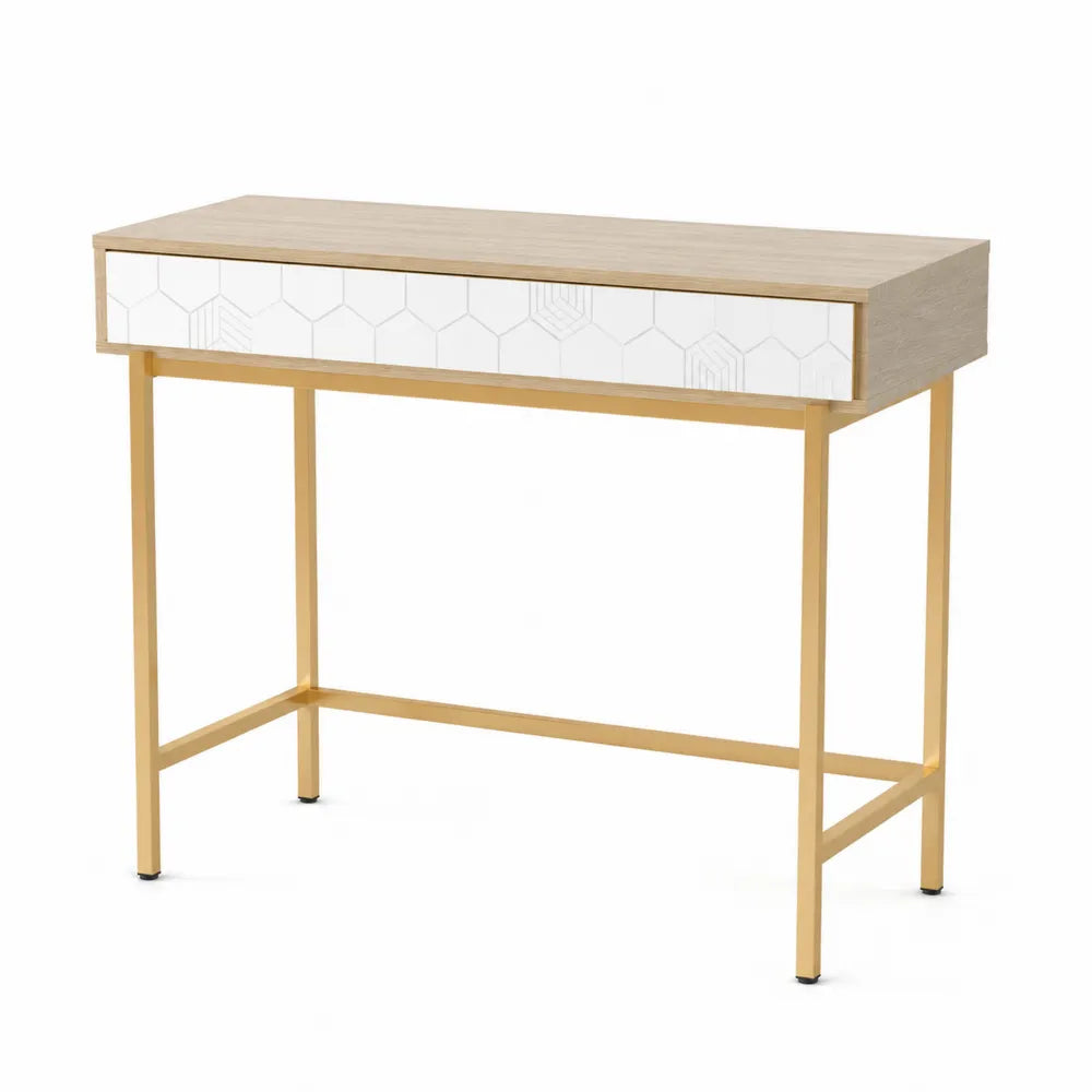 Rectangular Wood Desk with Metal Frame Light Wood/Gold