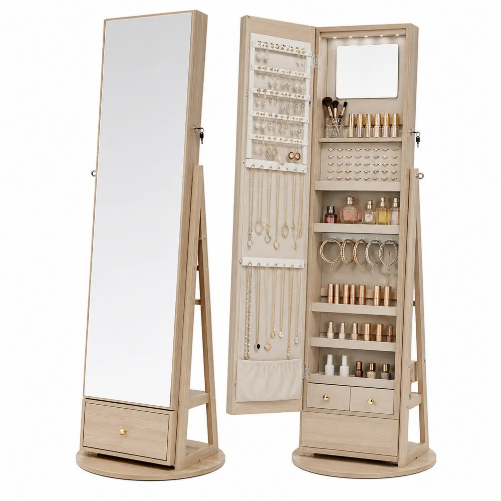 Wood Jewelry Armoire with Mirror and Rotating Stand Oak