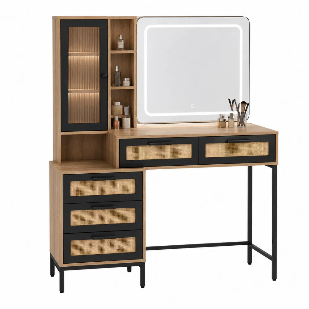 Wood Vanity with LED Mirror and Storage Drawers Oak and Black