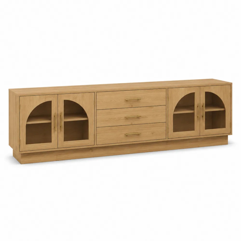 Oak Entertainment Center with Glass Doors and Drawers 200cm