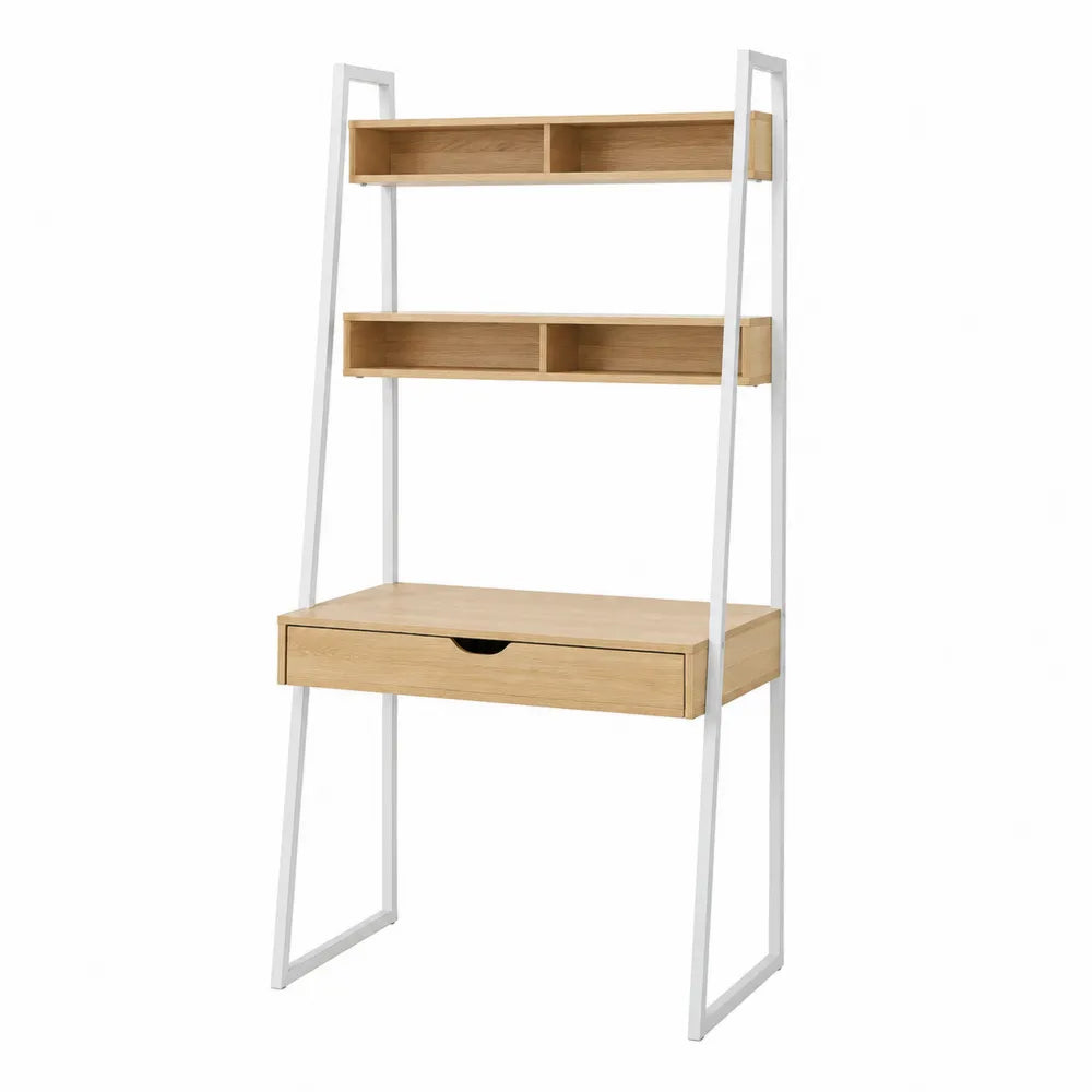 Ladder Desk with Shelves Wood and Metal Frame Natural White 180cm