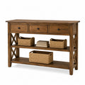 Wood Console Table Rectangular Solid Pine Brown with 3 Drawers and Shelves