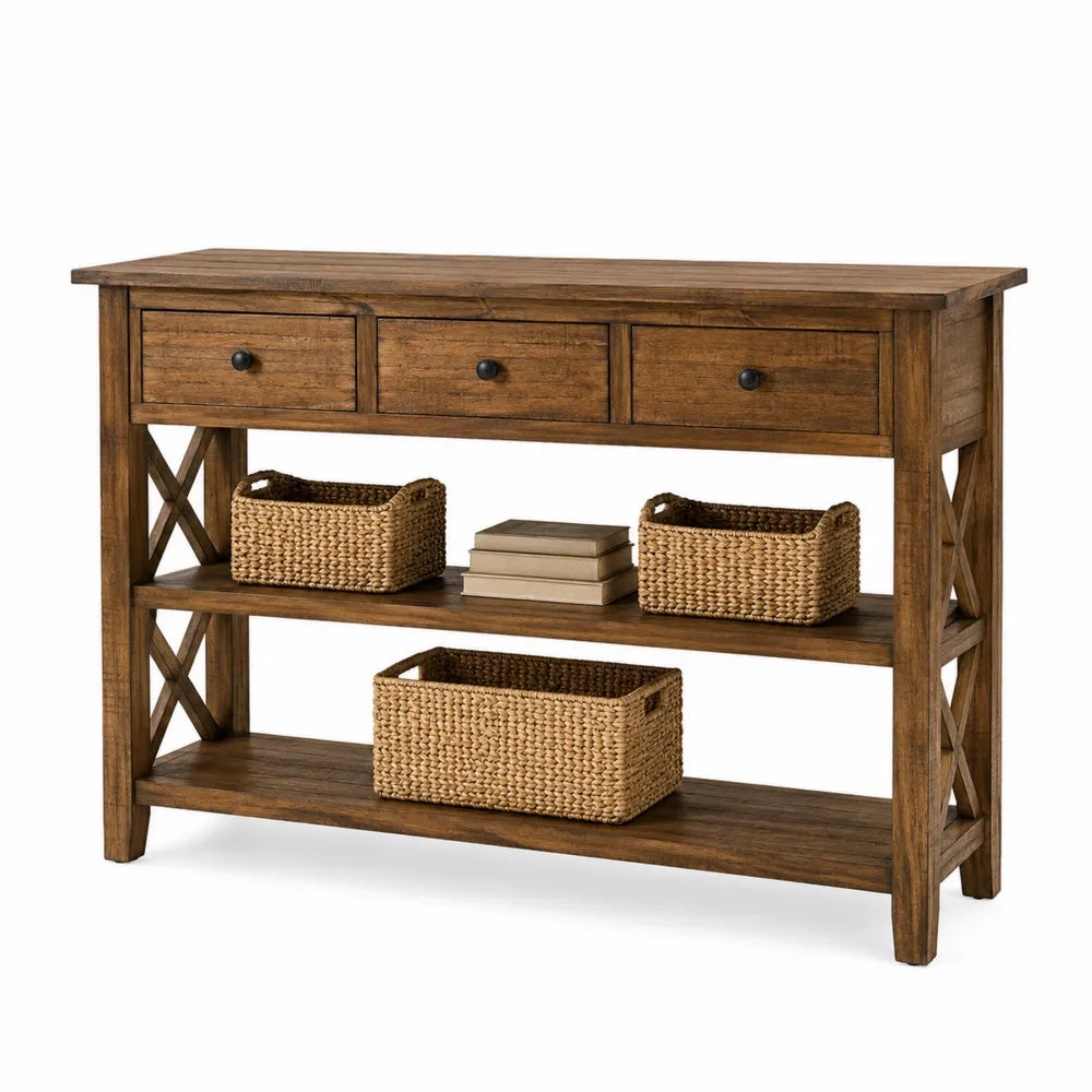 Wood Console Table Rectangular Solid Pine Brown with 3 Drawers and Shelves