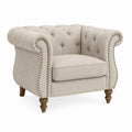 Linen Armchair with Rolled Arms and Nailhead Trim Beige