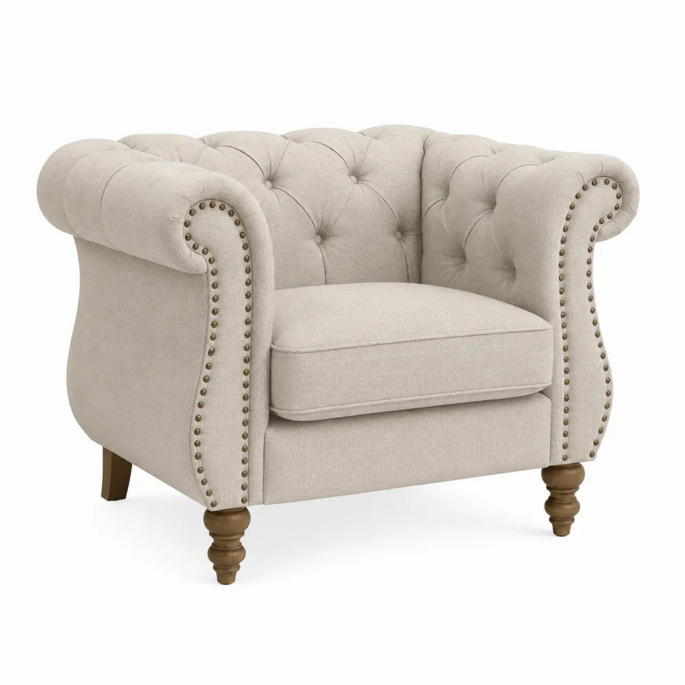 Linen Armchair with Rolled Arms and Nailhead Trim Beige