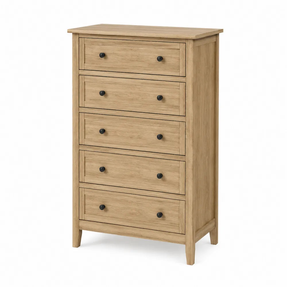 5-Drawer Tall Dresser Solid Wood Natural Finish 120cm Height