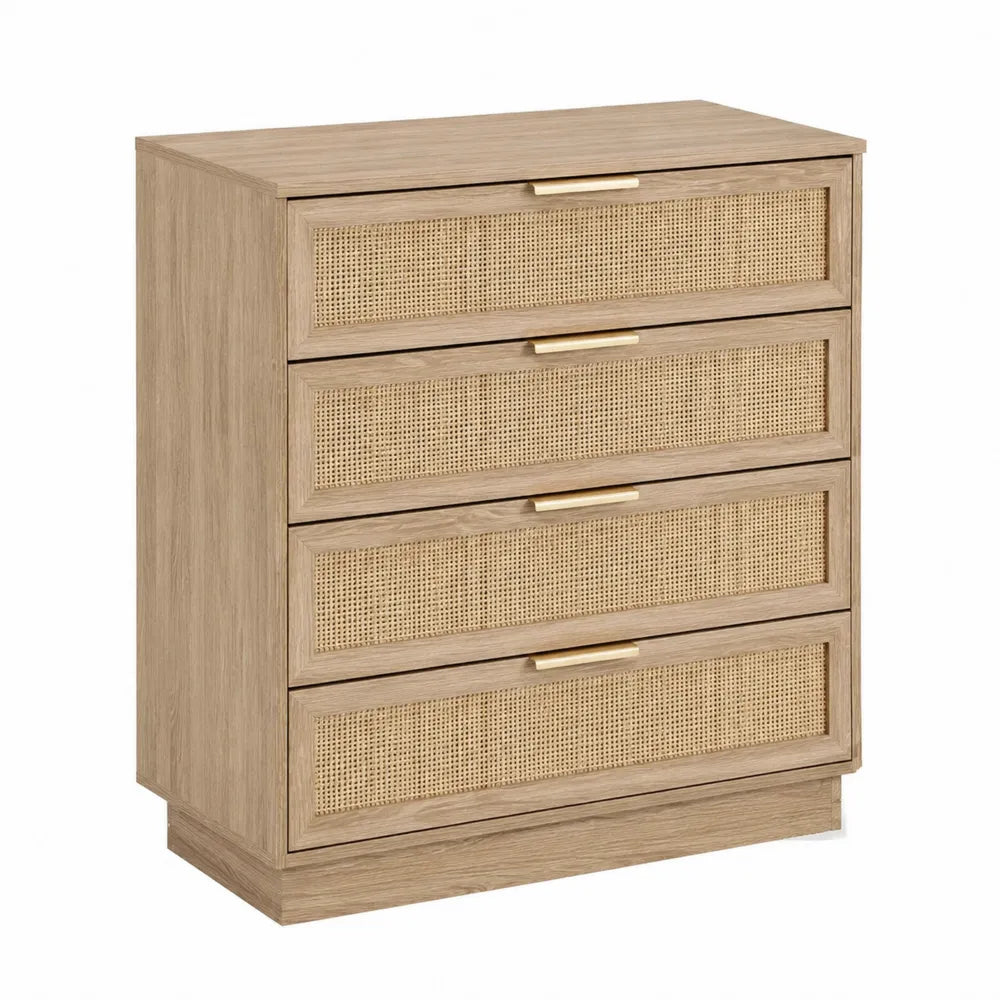 Oak Wood 4-Drawer Dresser with Rattan Fronts