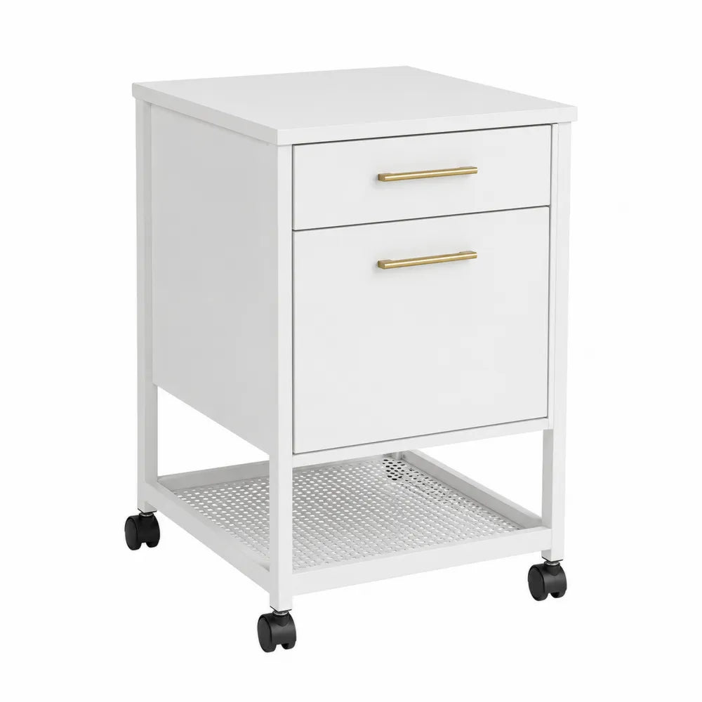 White MDF Mobile File Cabinet with 2 Drawers and Metal Mesh Shelf