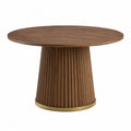 Round Wood Dining Table with Fluted Base and Brass Accents