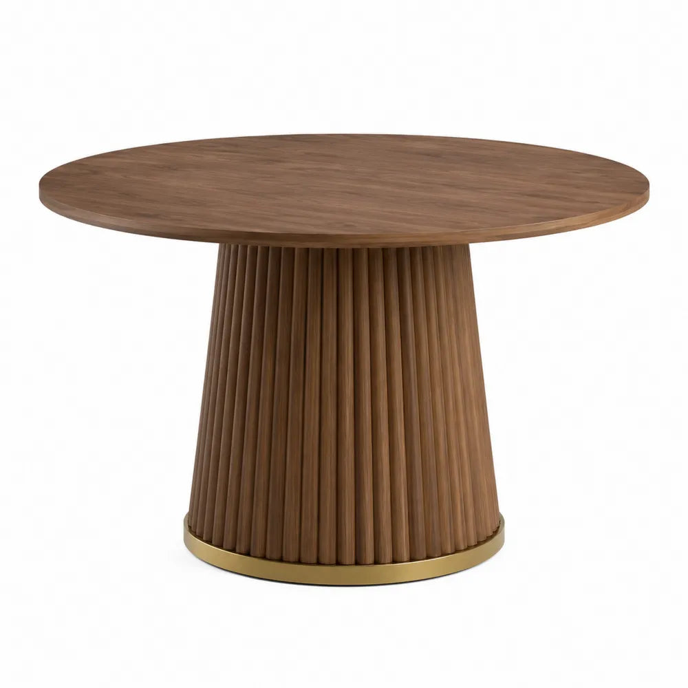 Round Wood Dining Table with Fluted Base and Brass Accents