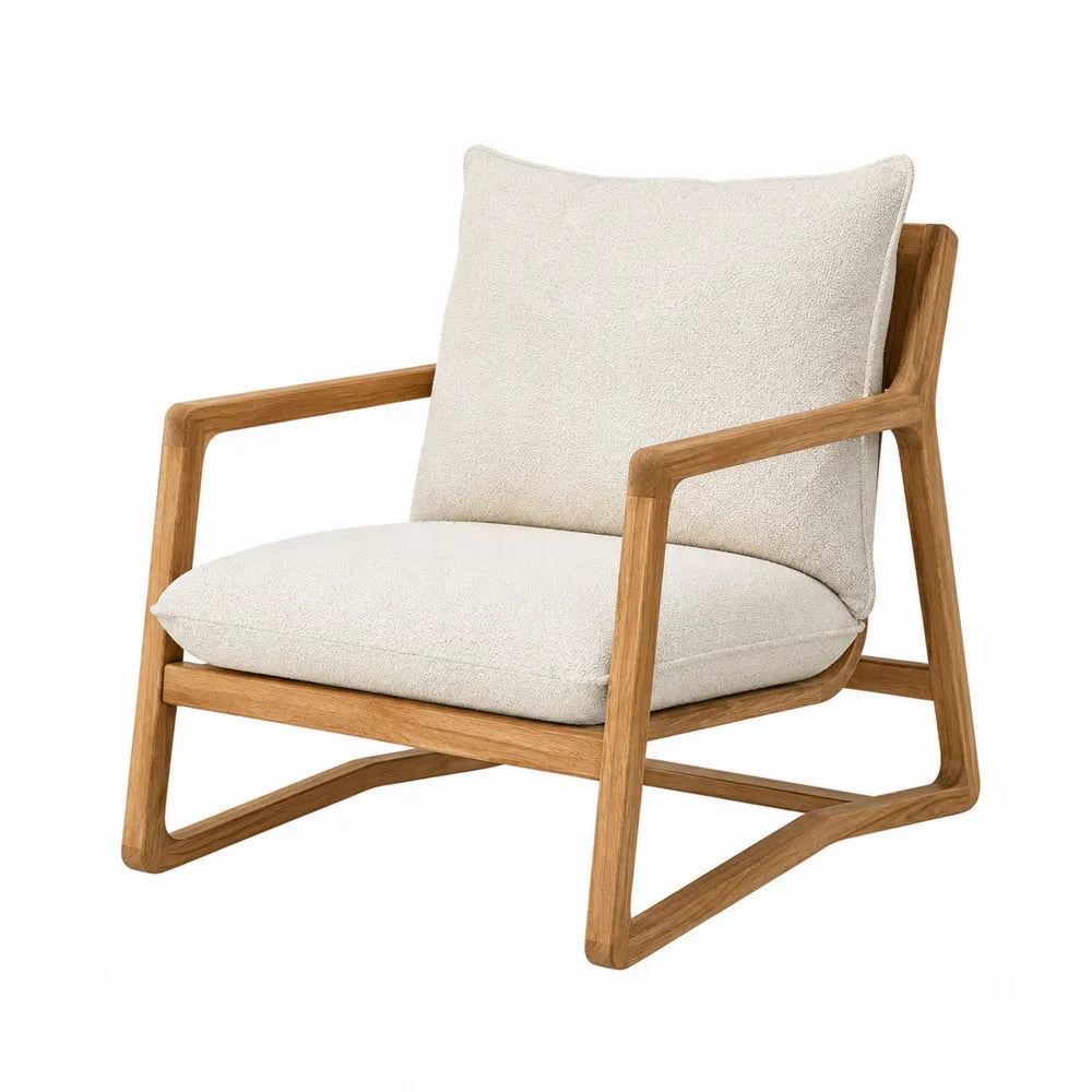 Wooden Lounge Chair with Beige Upholstery