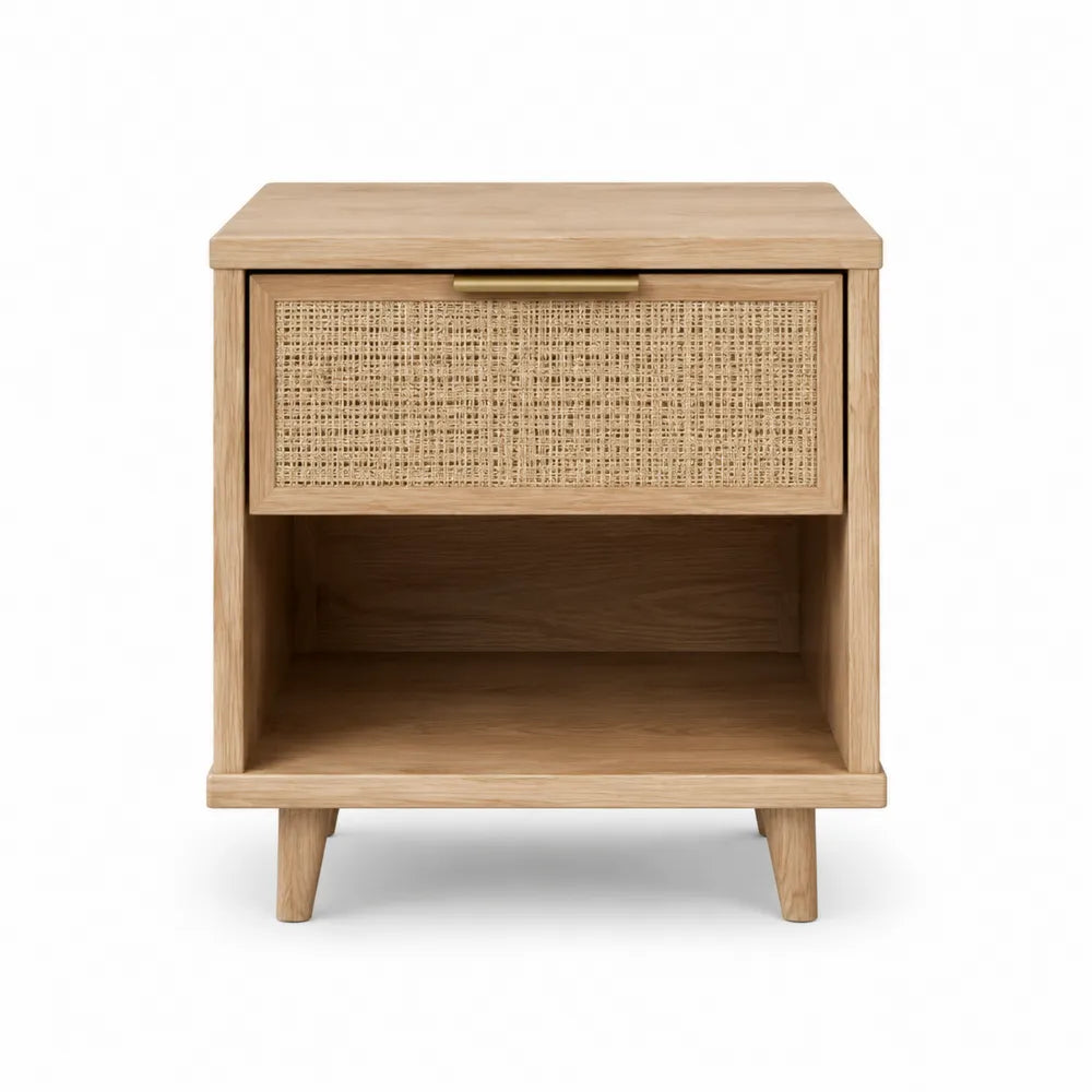 Solid Wood Nightstand with Rattan Drawer Beige 60cm x 40cm x 50cm