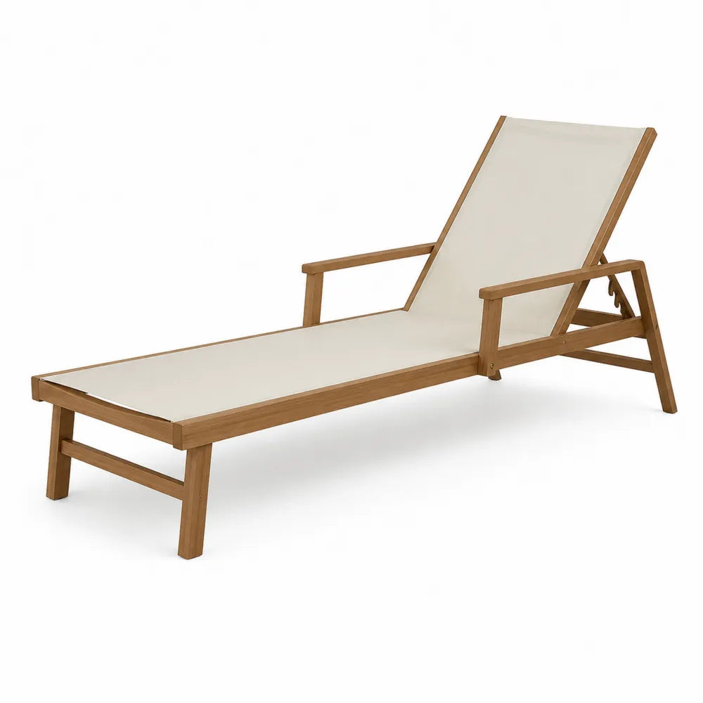 Outdoor Adjustable Acacia Wood Chaise Lounge Chair with Beige Polyester Sling 200cm