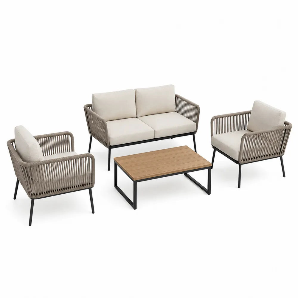4-Piece Outdoor Sectional Sofa Set with Metal Frame and Rope Weave in Beige