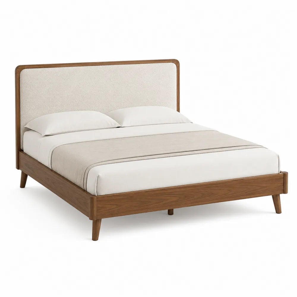 Queen Platform Bed Solid Wood Frame Beige Upholstered Headboard
