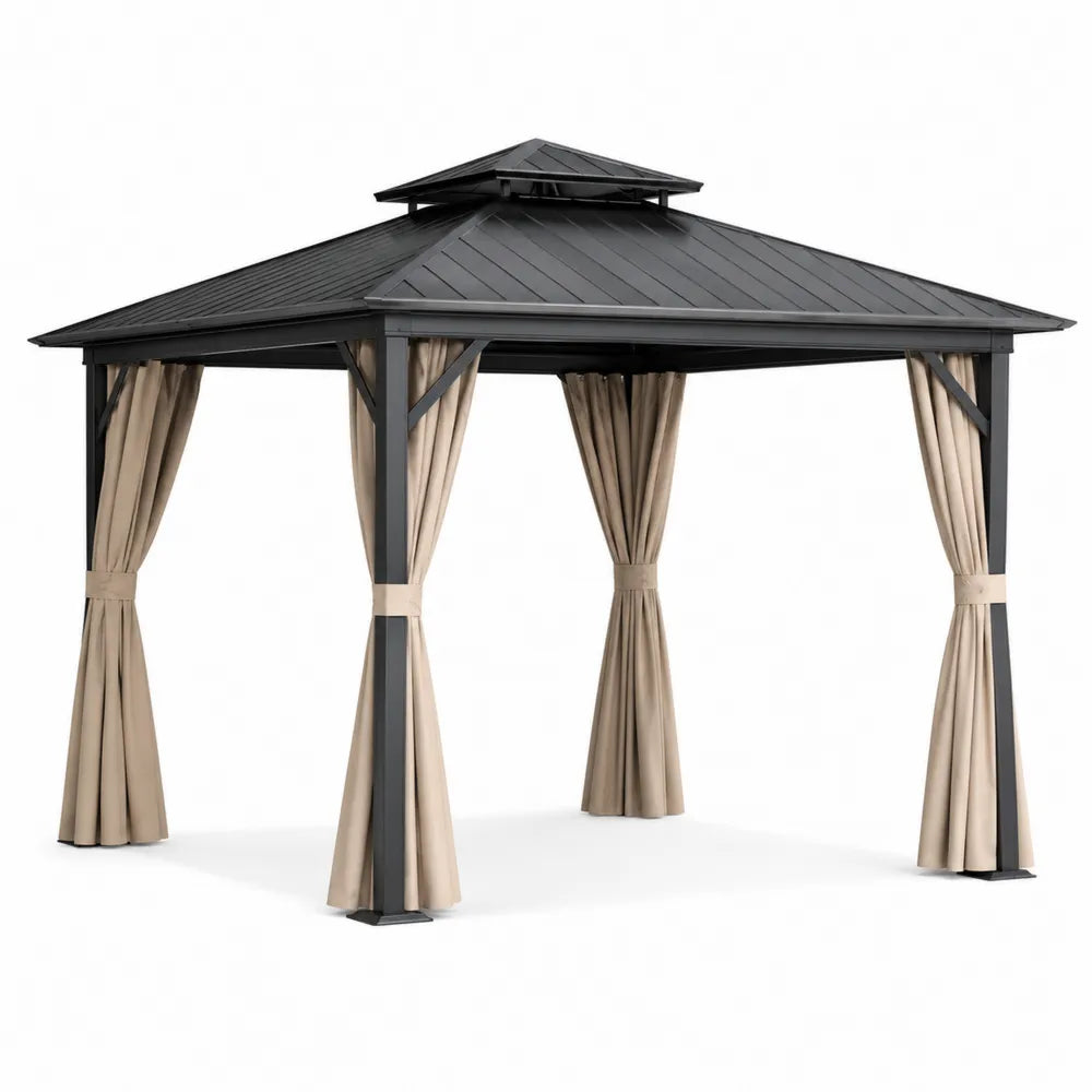 Metal Gazebo with Black Frame and Beige Polyester Curtains 3m x 4m
