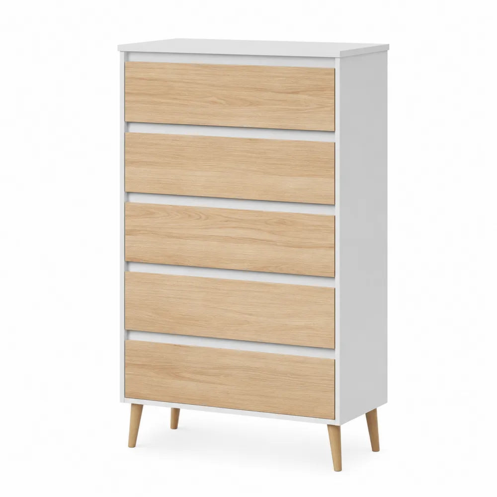 5 Drawer Wooden Dresser Chest White and Oak Finish