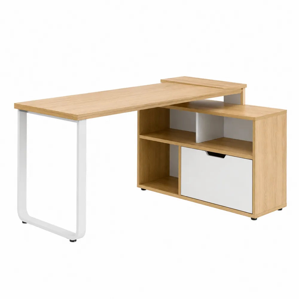 Corner L-Shaped Wood Veneer Desk with Metal Legs and Storage Shelves