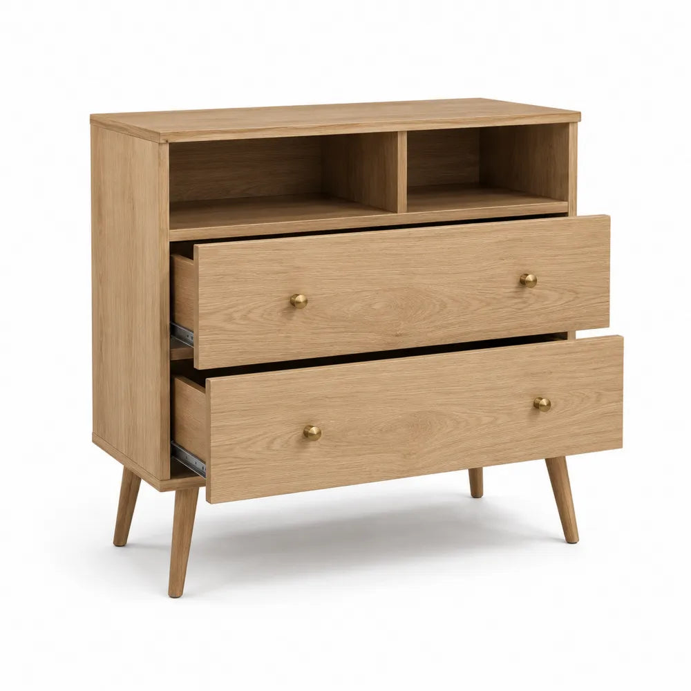 Oak Wood Dresser with Two Drawers and Open Shelves 90cm